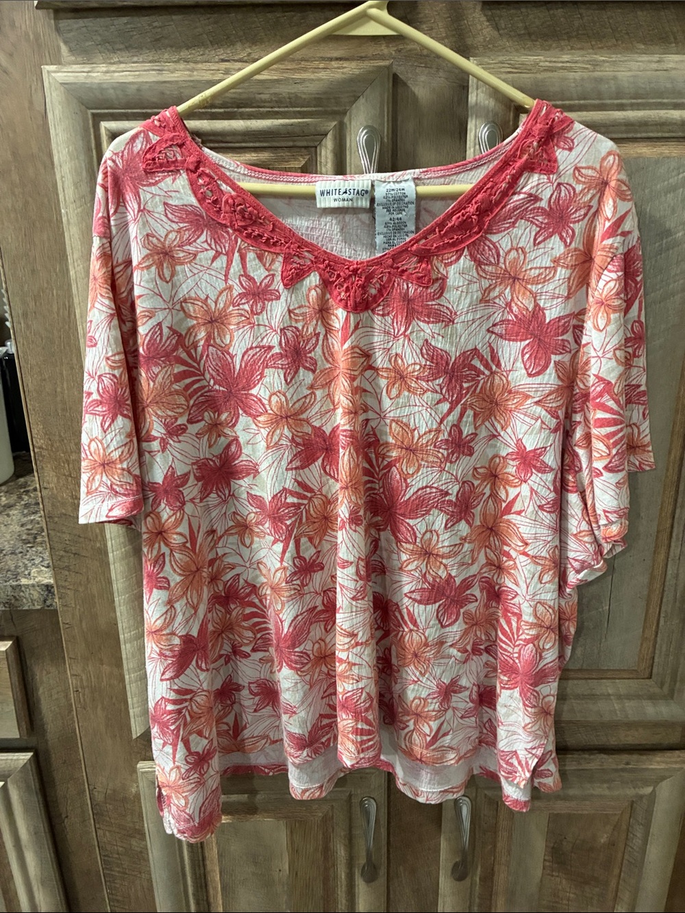 White Stag Coral and Cream Floral Lace-Trim Blouse